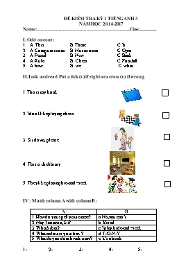 Đề kiểm tra học kỳ I Tiếng anh lớp 3 - Năm học 2016-2017